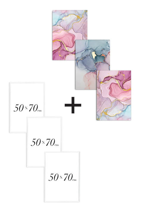 Set Of 3 Posters Watercolor Pink Pastel Real Gold + 3 White Metallic Frames 50x70cm